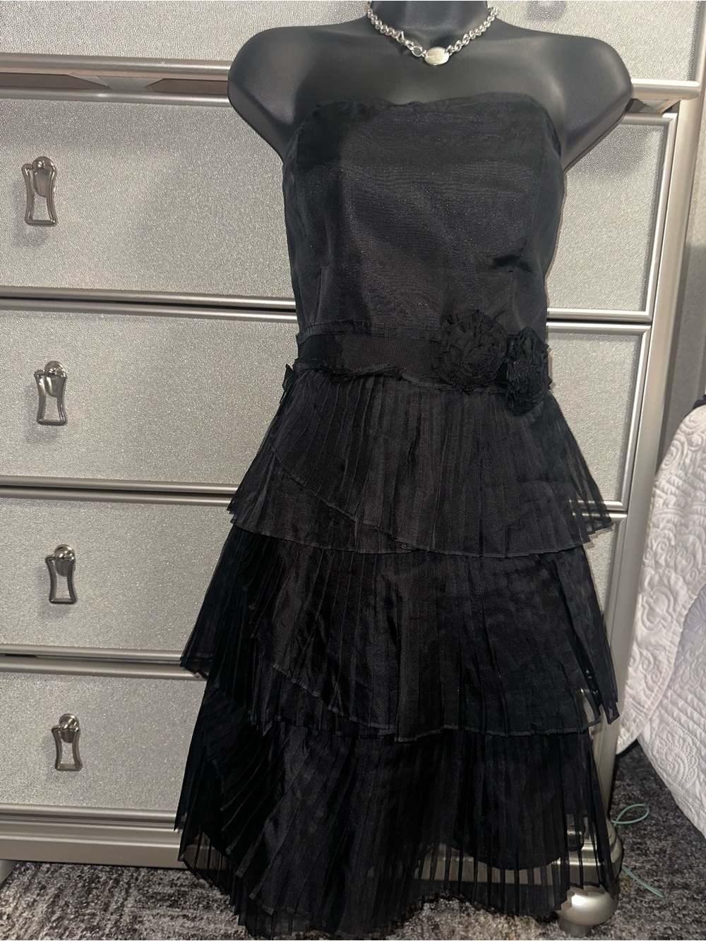 White House Black Market Black Strapless Tiered Pleated Dress